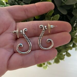 BRIGHTON Silver Tone Swirl J style etched stud Earrings 1” length